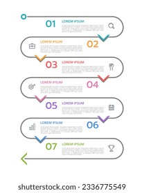 Vertikale Infografik Zeitlinie 7 Schritte zum Erfolg. Infografik in dünner Linie. Meilenstein, Fahrplan, Zeitplan. Vektorgrafik.