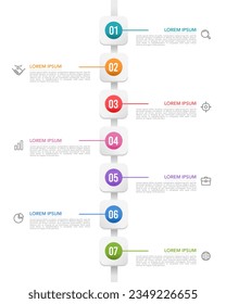 Vertical infographic timeline 7 steps to success. Business presentation, Timeline, Milestone, and Roadmap. Vector illustration.