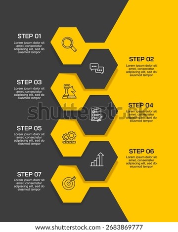 Vertical infographic timeline 7 steps or options on Yellow and Black background. Business presentation, Milestone, Roadmap, Timeline, Comparative, Plan and Banner. Vector illustration.