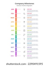 Proyecto de cronología de infografía vertical en 12 meses. Ilustración vectorial.