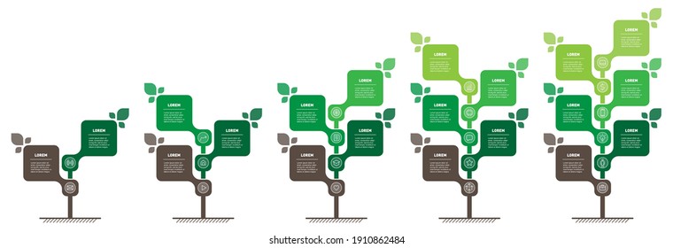 Vertical infographic or timelines with 2, 3, 4, 5 and 6 parts. Tree with leaves. Development and growth of the farming and green technology. Business presentation with three, four steps or processes