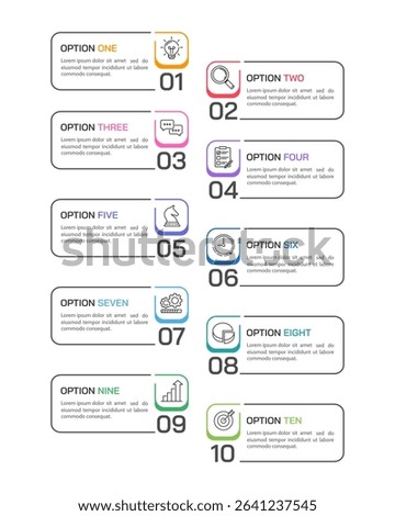 Vertical Infographics 10 options or steps. Presentation, Banner, Brochure, Plan and Strategy. Vector illustration.