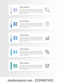 Vertical Infografías 5 opciones o pasos para el éxito. Presentación de negocios, Plan, Marketing y Estrategia. Ilustración vectorial.