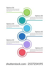 Infográficos verticais colorido círculo e linha 6 opções ou etapas. Apresentação de negócios, fluxo de trabalho, plano e estratégia. Ilustração vetorial.