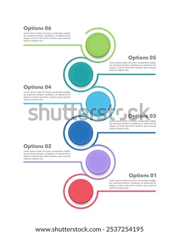 Vertical Infographics colorful circle and line 6 options or steps. Business presentation, Workflow, Plan, and Strategy. Vector illustration.