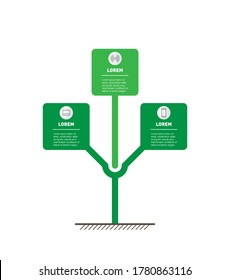 Vertical infographics or timeline with 3 (three) options. Stylized tree with leafs. Development of the eco business or green technology. The modular system allows you to make any number of levels.