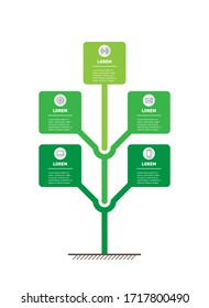Vertical infographics or timeline with 5 (five) options. Stylized tree with leafs. Development of the eco business or green technology. Modular system allows you to make any number of levels in height