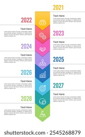 Vertical Infografía Cronología 8 pasos para el éxito. Diseños de flujo de trabajo, informe anual, Plan, hito y hoja de ruta. Ilustración vectorial.