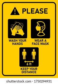 Vertical Instruction Signboard with Basic Set of Measures against the Spread of Coronavirus Covid-19 including Wash Your Hands, Wear a Face Mask and Keep Your Distance 6 ft or 6 Feet. Vector Image.