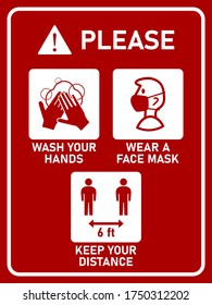 Vertical Instruction Signboard with Basic Set of Measures against the Spread of Coronavirus Covid-19 including Wash Your Hands, Wear a Face Mask and Keep Your Distance 6 6 ft or 6 Feet. Vector Image.