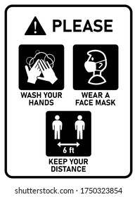 Vertical Instruction Signboard with Basic Set of Measures against the Spread of Coronavirus Covid-19 including Wash Your Hands, Wear a Face Mask and Keep Your Distance 6 6 ft or 6 Feet. Vector Image.