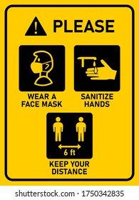 Vertical Instruction Signboard with Basic Set of Measures against the Spread of Coronavirus Covid-19 including Wear a Face Mask, Sanitize Hands and Keep Your Distance 6 ft or 6 Feet. Vector Image.