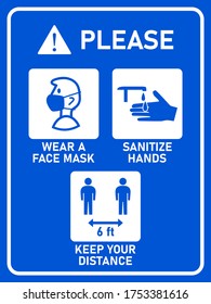 Vertical Instruction Signboard with Basic Set of Measures against the Spread of Coronavirus Covid-19 including Wear a Face Mask, Sanitize Hands and Keep Your Distance 6 ft or 6 Feet. Vector Image.