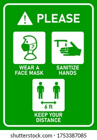 Vertical Instruction Signboard with Basic Set of Measures against the Spread of Coronavirus Covid-19 including Wear a Face Mask, Sanitize Hands and Keep Your Distance 6 ft or 6 Feet. Vector Image.