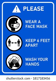 Vertical Instruction Signboard with Basic Set of Measures against the Spread of Coronavirus Covid-19, including Wear a Face Mask, Keep 6 Feet Apart and Wash Your Hands. Vector Image.