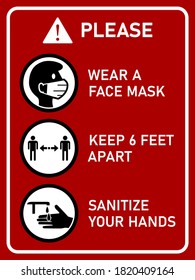 Vertical Instruction Signboard with Basic Set of Measures against the Spread of Coronavirus Covid-19, including Wear a Face Mask, Keep 6 Feet Apart and Sanitize Your Hands. Vector Image.