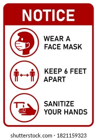 Vertical Instruction Signboard with Basic Set of Measures against the Spread of Coronavirus Covid-19, including Wear a Face Mask, Keep 6 Feet Apart and Sanitize Your Hands. Vector Image.