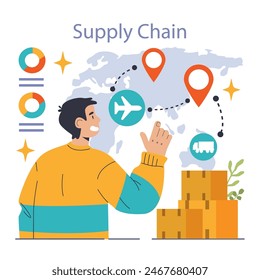 Vertical integration. Company's supply chain optimization and control. Business strategy from manufacturing to sales. Optimized production flow, effectiveness and quality. Flat vector illustration