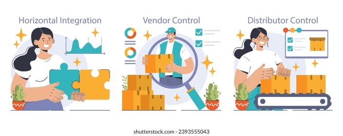 Vertical integration set. Company's supply chain optimization and control. Business strategy from manufacturing to sales. Optimized production flow, effectiveness and quality. Flat vector illustration