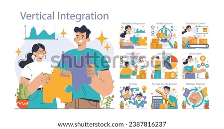 Vertical integration set. Company's supply chain optimization and control. Business strategy from manufacturing to sales. Optimized production flow, effectiveness and quality. Flat vector illustration