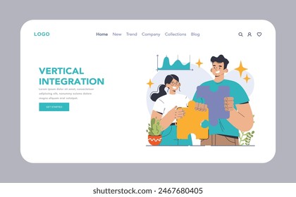 Vertical Web de integración o aterrizaje. Optimización y control de la cadena de suministro de la empresa. Estrategia de negocio desde la fabricación hasta las ventas. Flujo de producción optimizado. Ilustración vectorial plana