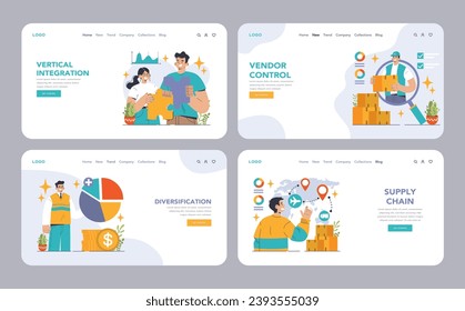 Vertical integration web or landing set. Company's supply chain optimization and control. Business strategy from manufacturing to sales. Optimized production flow. Flat vector illustration