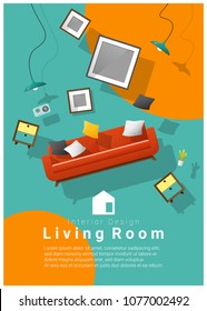 Vertical Interior Banner Sale With Living Room Furniture Hovering On Colorful Background , Vector , Illustration