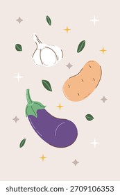 Vertical interior poster with vegetables garlic, potatoes, eggplant and twinkling stars. On gray background. Food postcard in doodle style. Vector illustration. Simple wall art for kitchen or cafe.