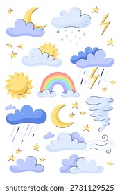 Póster de Clima interior de Vertical. Ilustración vectorial Doodle. Soleado, arco iris y tormenta. Adecuado para materiales preescolares, guías de pronóstico, decoración de aulas y tablas de pronóstico de Clima.