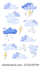 Vertical interior weather poster. Doodle vector illustration. Clouds, rain and fog. Suitable for preschool materials, forecast guides, classroom decor and weather forecast tables.