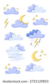 Vertical interior weather poster. Doodle vector illustration. Clouds, storm and fog. Suitable for preschool materials, forecast guides, classroom decor and weather forecast tables.