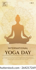 Vertical International Yoga Day, featuring a meditating silhouette within a serene mandala backdrop, symbolizing inner peace and spiritual harmony.