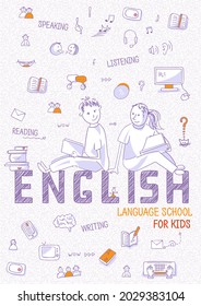 Vertical Internet banner for Children's Language School or course. Teach and learn English. Blue outline icons, symbols, signs on white background. Line art illustration in panoramic view, vector, A4