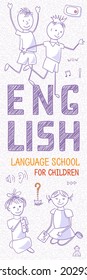 Vertical Internet banner for Children's Language School or course. Teach, learn English. Leaflet with outline icons, symbols, signs on white background. Line art illustration for bookmark, vector