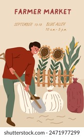 Vertical invitation for autumn local fair, market with space for text. Hand drawn.