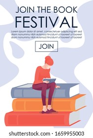 Vertical Invitation Banner. Flat Cartoon Woman Reader Character Sitting on Book Stack and Reading.  Vector Illustration Invite to Join