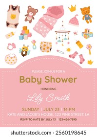 Vertical invitation card for a baby shower, birthday, or gender reveal party. It's a Girl. Isolated postcard template with baby essentials and text on pink background. Vector illustration.