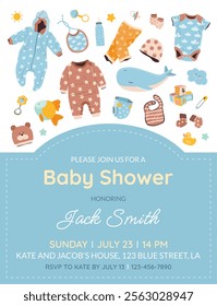 Vertical invitation card for a baby shower, birthday, or gender reveal party. It's a Boy. Isolated postcard template with baby essentials and text on blue background. Vector illustration.