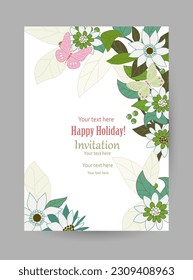 A vertical invitation card with an isolated corner border of blooming plants and flying butterflies. Fancy flowers with green and white petals against a white background.