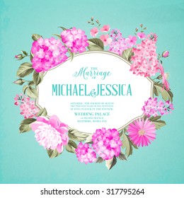 Vertical invitation card with red garden blooming flowers. Invitation card template with blooming hydrangea and custom text over them on the blue background. Vector illustration.