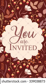 Vertical invitation card, with sign You are invited on dark modern pattern. 