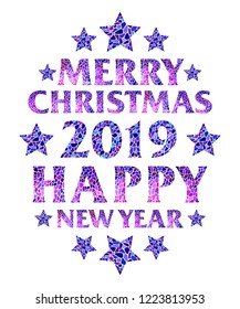 Vertical invitation and greeting card with mosaic inscription Merry Christmas and Happy new year 2019 with stars on white background  - vector illustration.