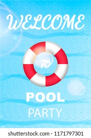Vertical invitation on pool party with water and Lifebuoy. Vector illustratio