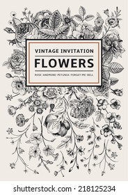 Vertical invitation. Vintage greeting card with garden flowers. Black and white vector with a gold frame.
