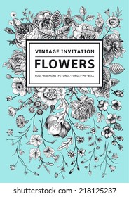 Vertical invitation. Vintage greeting card with garden flowers. Black and white vector on mint background.