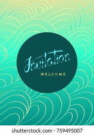Vertical invitation and welcome card on aqua background with light waves ornament - vector illustration
