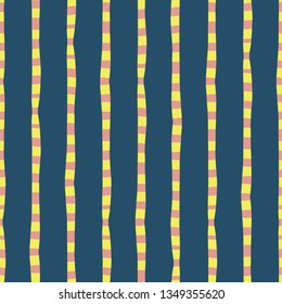 Vertical irregular hand drawn stripes blue pink yellow seamless vector background. Repeating lines abstract pattern. Naive kids style. Use for kids market, summer spring coordinate, banner, fabric