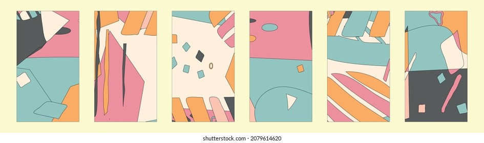 Vertical isolated background Set 6 in 1. Abstract organic backgrounds 16x9. Various shapes, wavy doodle objects. Contemporary modern set for social media, booklet, banner, web sites. Stock vector