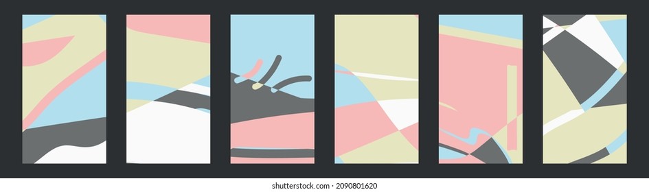 Vertical isolated background Set 6 in 1. Abstract organic backgrounds 16x9. Various shapes, wavy doodle objects. Contemporary modern set for social media, booklet, banner, web sites. Stock vector