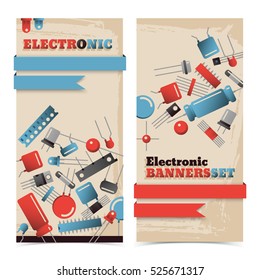 Vertical isolated flat industrial textured banners set with blue and red ribbons and transistors vector illustration